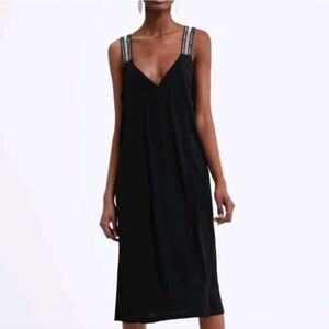NWOT Zara Black Ribbed Midi Dress crochet Straps Small
